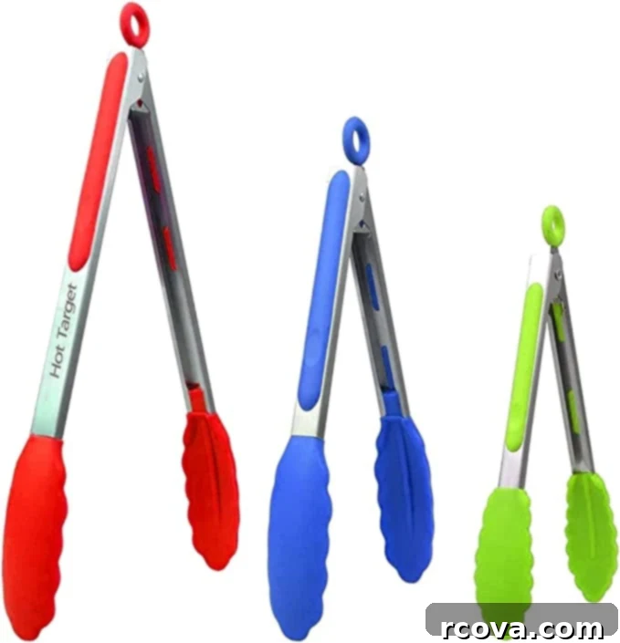 Ultimate Kitchen Setup 14 Three silicone tongs in different sizes, safe for non-stick cookware and versatile.