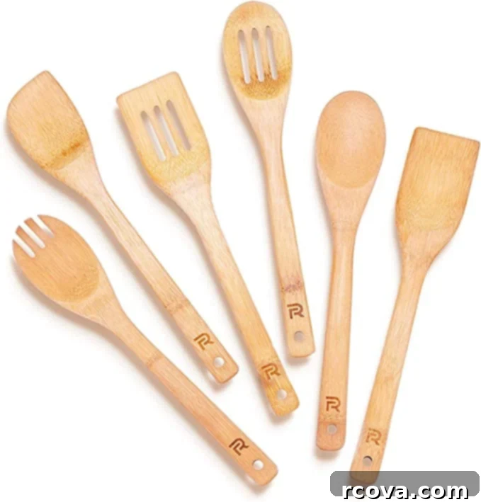 Ultimate Kitchen Setup 16 A set of wooden spoons and utensils made from bamboo, perfect for non-stick cookware.