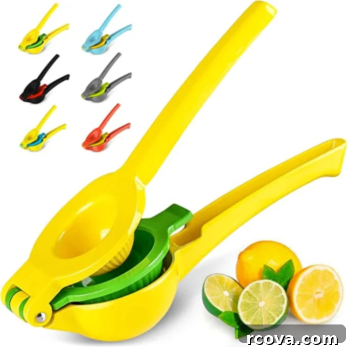 Ultimate Kitchen Setup 19 A yellow and green handheld citrus juicer, perfect for fresh lemon and lime juice.