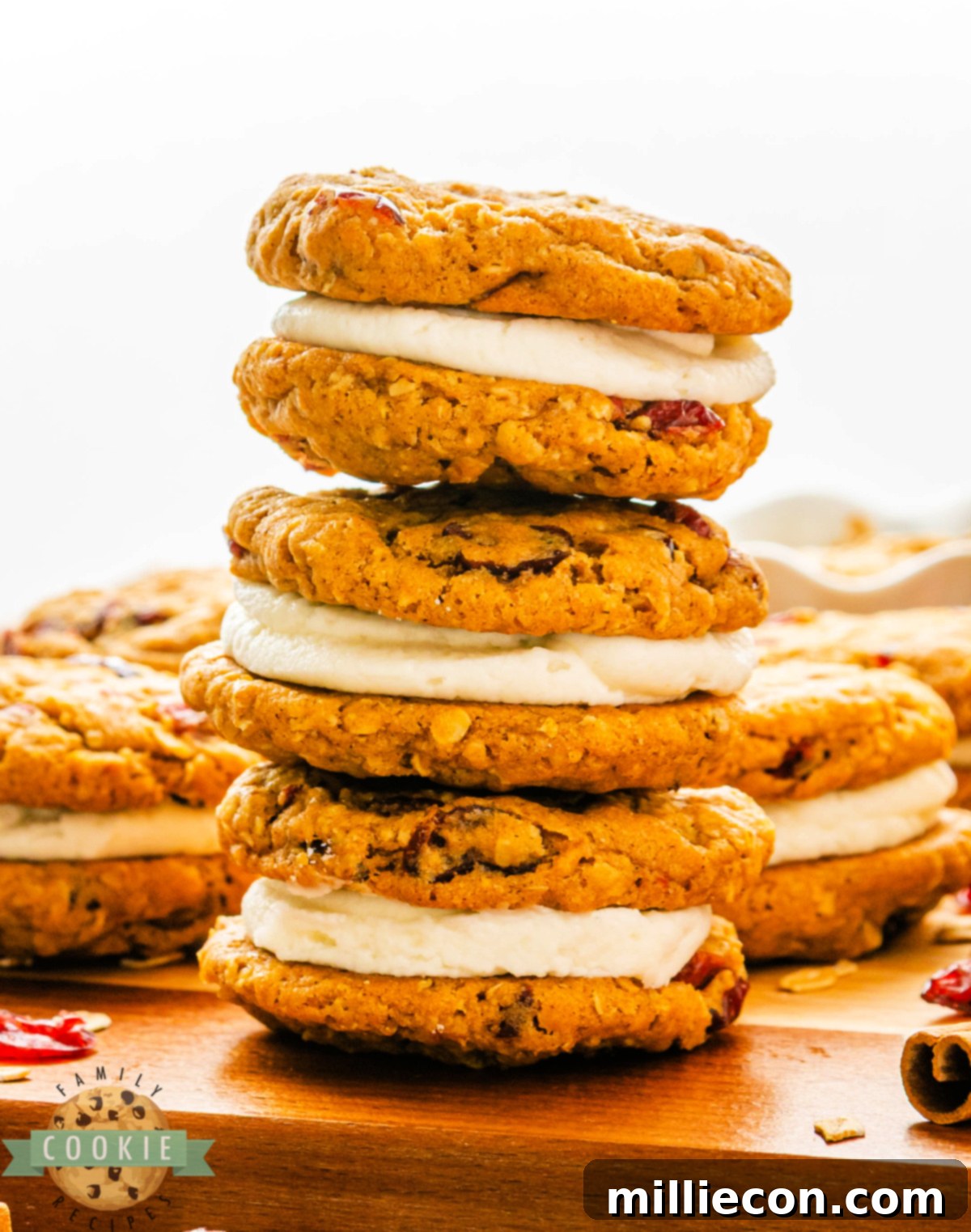 Spiced Pumpkin Cranberry Oatmeal Sandwich Cookies 5 Soft pumpkin oatmeal cookies with dried cranberries and creamy frosting filling stacked on a plate.