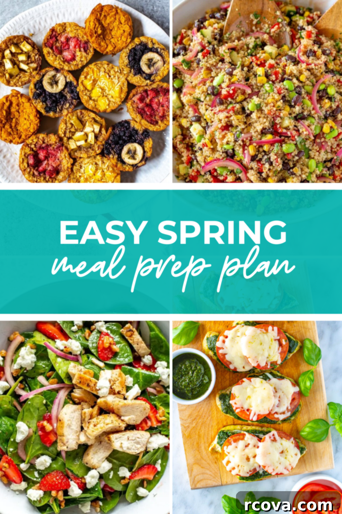 Spring Into Easy Meal Prep: Free Recipes Inside 11 Overhead shot of plated dishes with green banner in the middle - reading "easy spring meal prep plan"