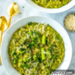 Velvety Asparagus Risotto 12 A close-up of a bowl of creamy asparagus risotto.