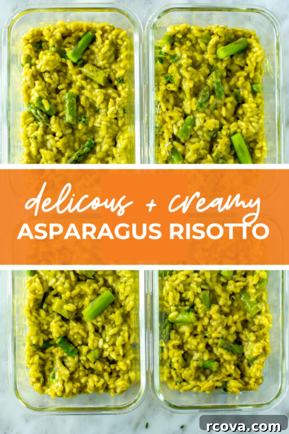 Velvety Asparagus Risotto 13 Overhead shot of plated dish with orange banner in the middle - reading "delicious + creamy asparagus risotto"