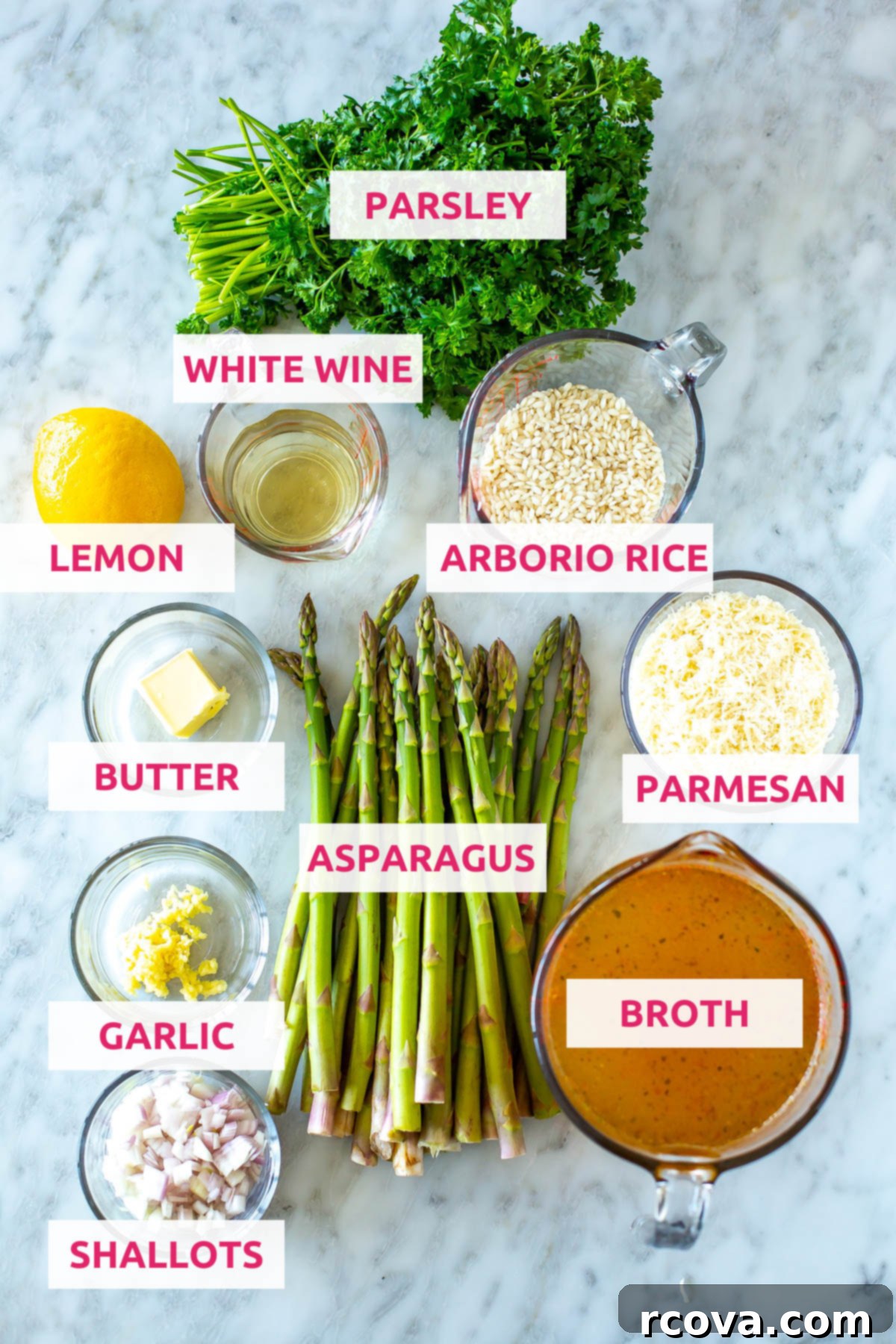 Velvety Asparagus Risotto 4 A beautifully arranged flat lay of fresh ingredients for asparagus risotto: vibrant parsley, green asparagus spears, a wedge of parmesan cheese, a bowl of arborio rice, a glass of white wine, a halved lemon, shallots, garlic cloves, and a stick of butter.