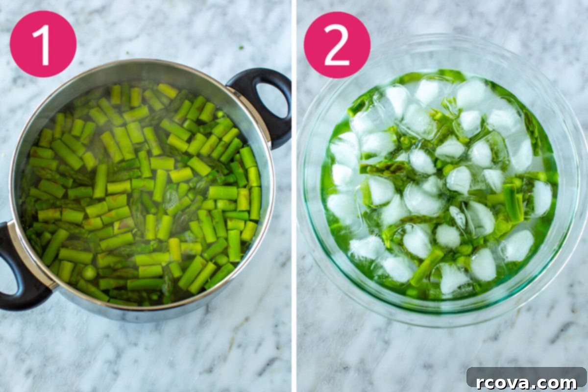 Velvety Asparagus Risotto 5 Visual steps 1 and 2 for making asparagus risotto: a pot of boiling water with asparagus, and a bowl of asparagus in an ice bath.