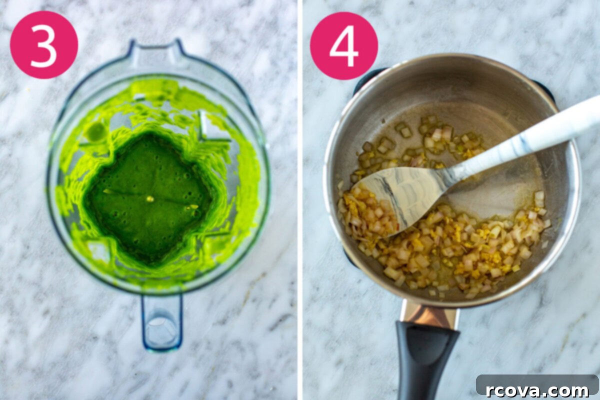 Velvety Asparagus Risotto 6 Visual steps 3 and 4 for making asparagus risotto: a blender with asparagus, parsley, broth, and lemon zest, and a pan with sautéing shallots and garlic.