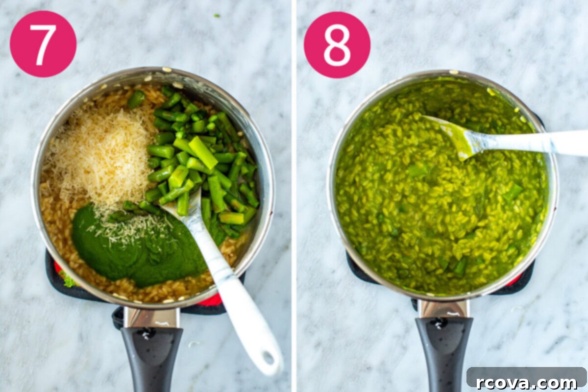 Velvety Asparagus Risotto 8 Visual steps 7 and 8 for making asparagus risotto: adding parmesan and asparagus into the creamy risotto, and a finished bowl of risotto.