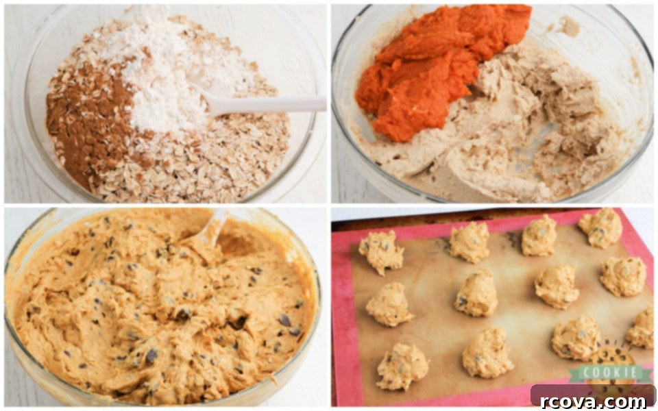 Golden Pumpkin Chocolate Oat Delights 4 Step-by-step instructions showing the process of mixing ingredients for pumpkin oatmeal chocolate chip cookies.