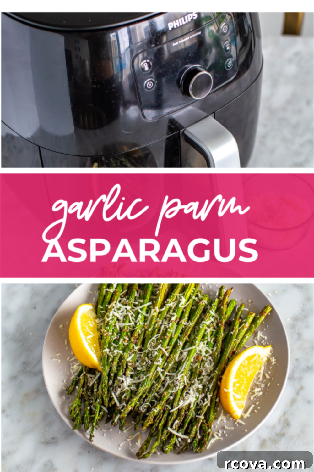 Crispy Air Fryer Asparagus 11 Overhead shot of plated dish with pink banner in the middle - reading "garlic parm asparagus"