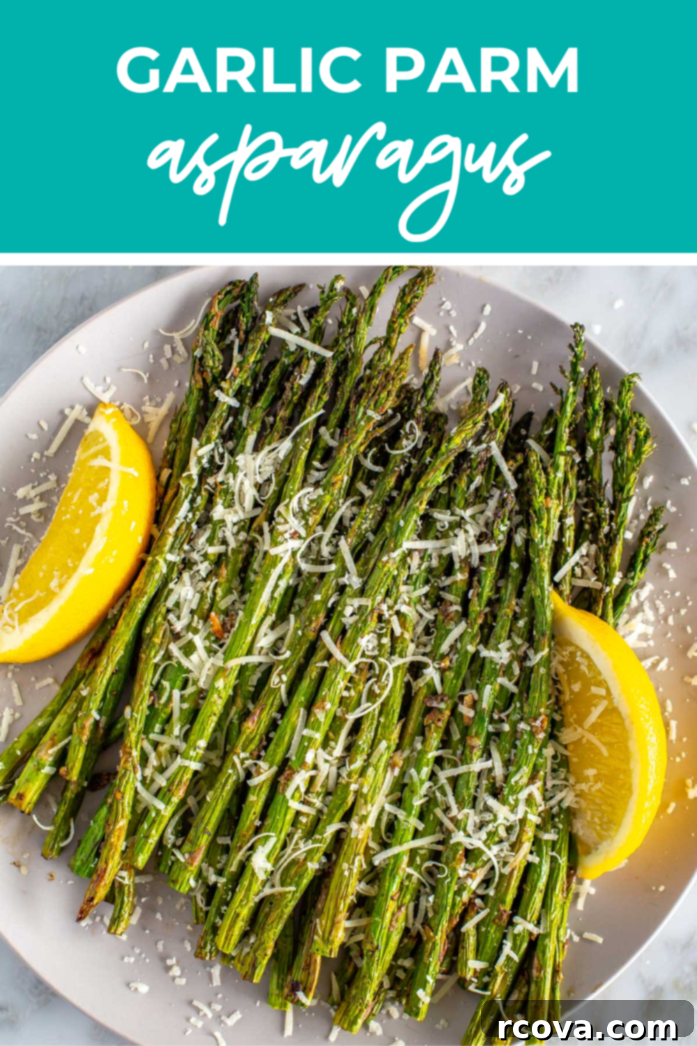 Crispy Air Fryer Asparagus 12 Overhead shot of plated dish with green banner on the top - reading "garlic parm asparagus"