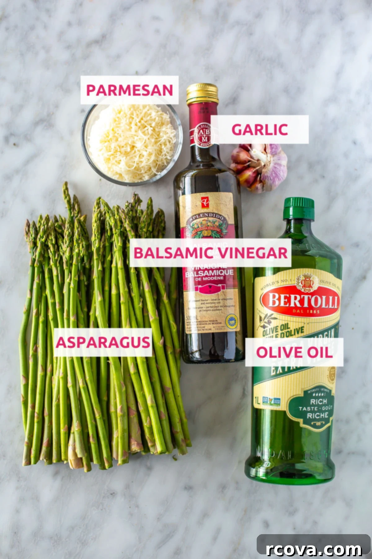Crispy Air Fryer Asparagus 4 Ingredients for making air fryer asparagus laid out: fresh asparagus, olive oil, balsamic vinegar, grated parmesan, and minced garlic.