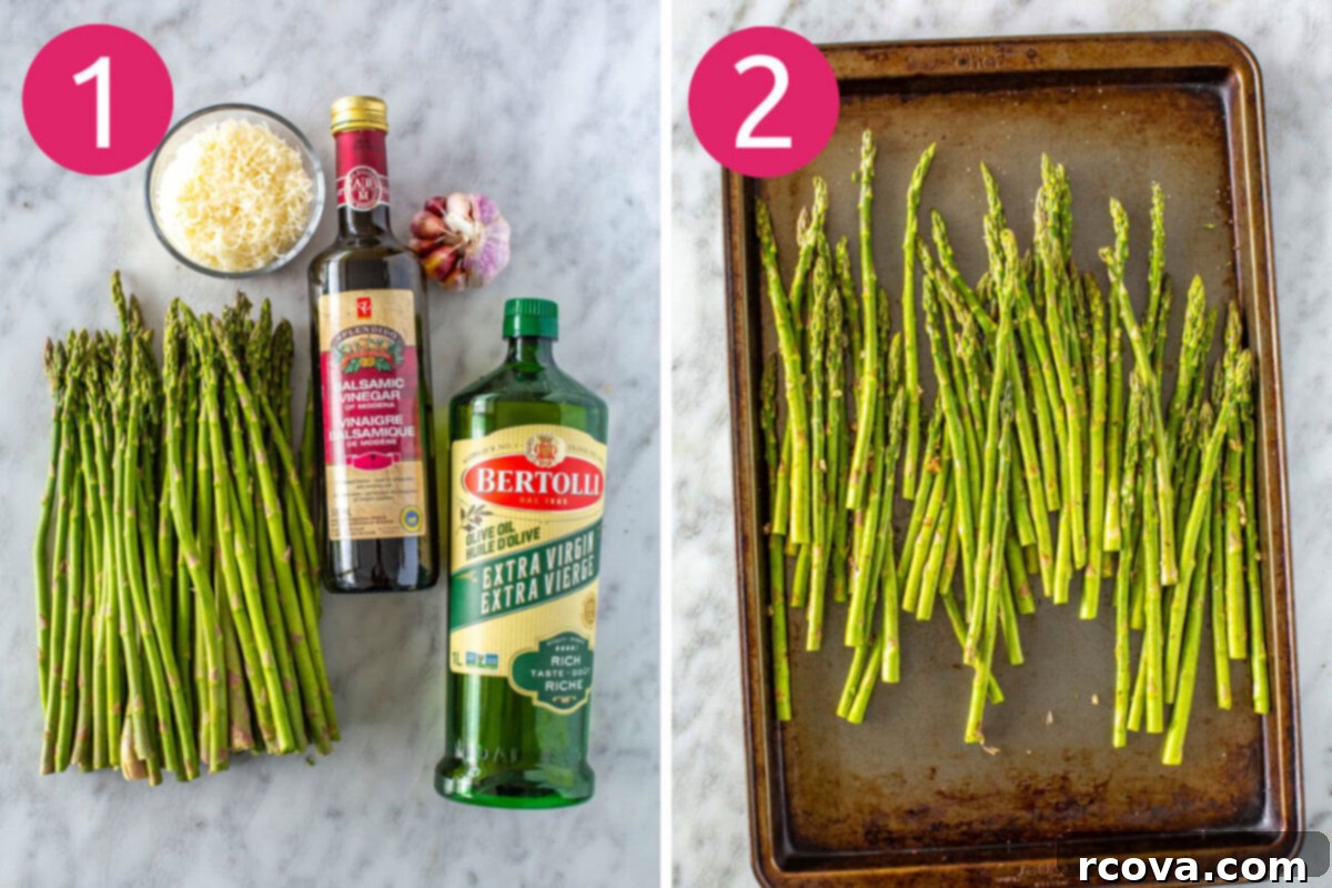 Crispy Air Fryer Asparagus 5 Steps 1 and 2 for making air fryer asparagus: Air fryer preheating and ingredients assembled, followed by trimming asparagus and tossing with seasonings in a bowl.