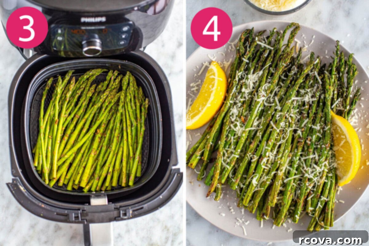 Crispy Air Fryer Asparagus 6 Steps 3 and 4 for making air fryer asparagus: Asparagus cooking in the air fryer basket, then plated with parmesan cheese sprinkled on top.