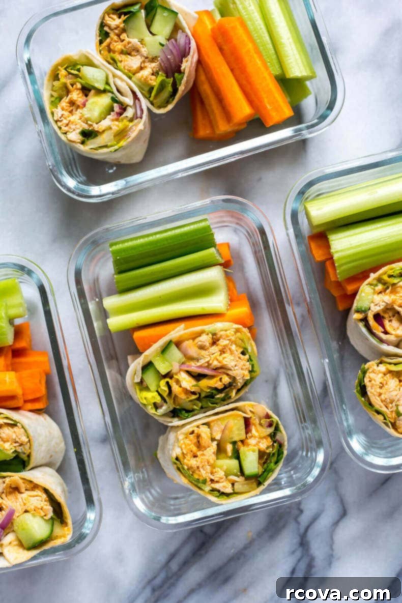 35+ Healthy and Easy Recipes Under 500 Calories 18 A collection of Meal Prep Buffalo Chicken Wraps, showcasing how to efficiently prepare healthy and delicious lunches for the week.