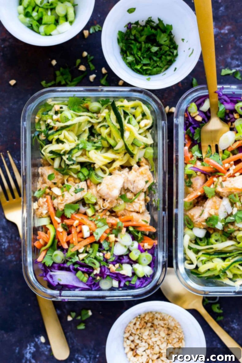 35+ Healthy and Easy Recipes Under 500 Calories 26 Fresh and vibrant Spiralized Pad Thai Chicken Meal Prep Bowls, a healthy low-carb option bursting with color and flavor.