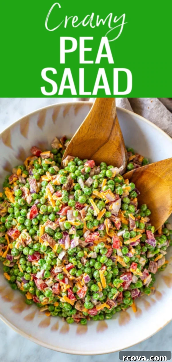 Creamy Pea Salad Perfection 10 This Healthy Creamy Pea Salad is perfect for lunch or your next potluck! It's got fresh peas, bacon, cheese and the creamiest dressing. #peasalad