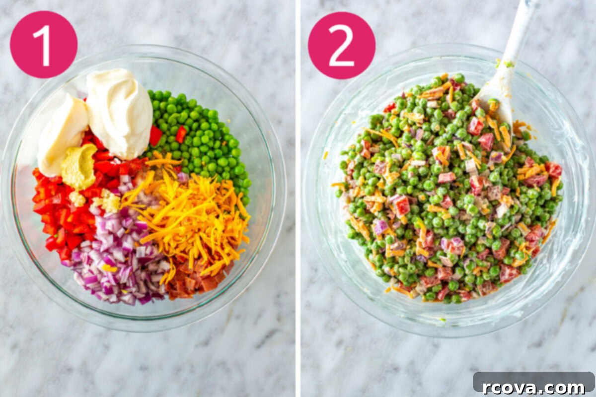 Creamy Pea Salad Perfection 5 Steps for making creamy pea salad: cook bacon, combine all ingredients, mix then rest in the fridge for flavours to mingle.