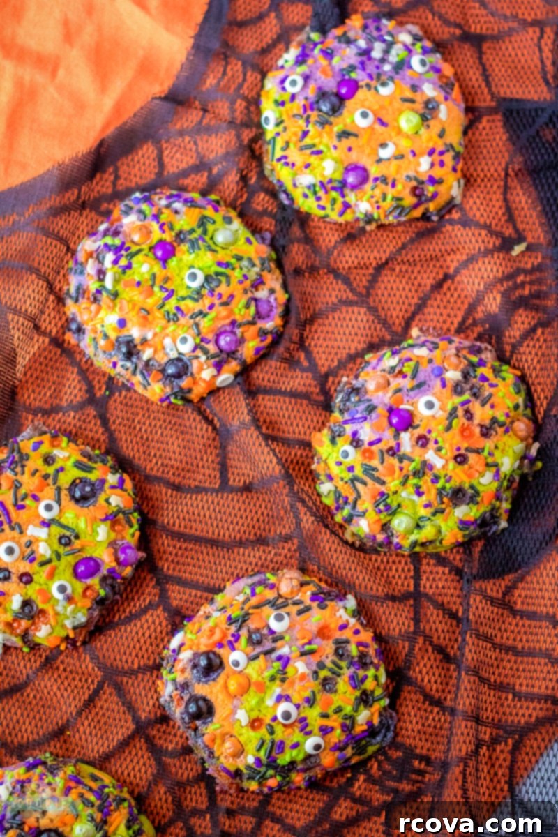 Bewitching Sprinkle Bites 3 Close-up of a swirled Halloween Sprinkle Cookie with white chocolate chips.