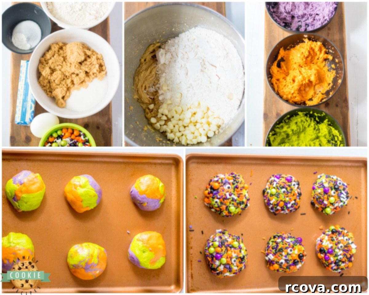 Bewitching Sprinkle Bites 5 Steps showing how to mix and shape Halloween Sprinkle Cookies dough.