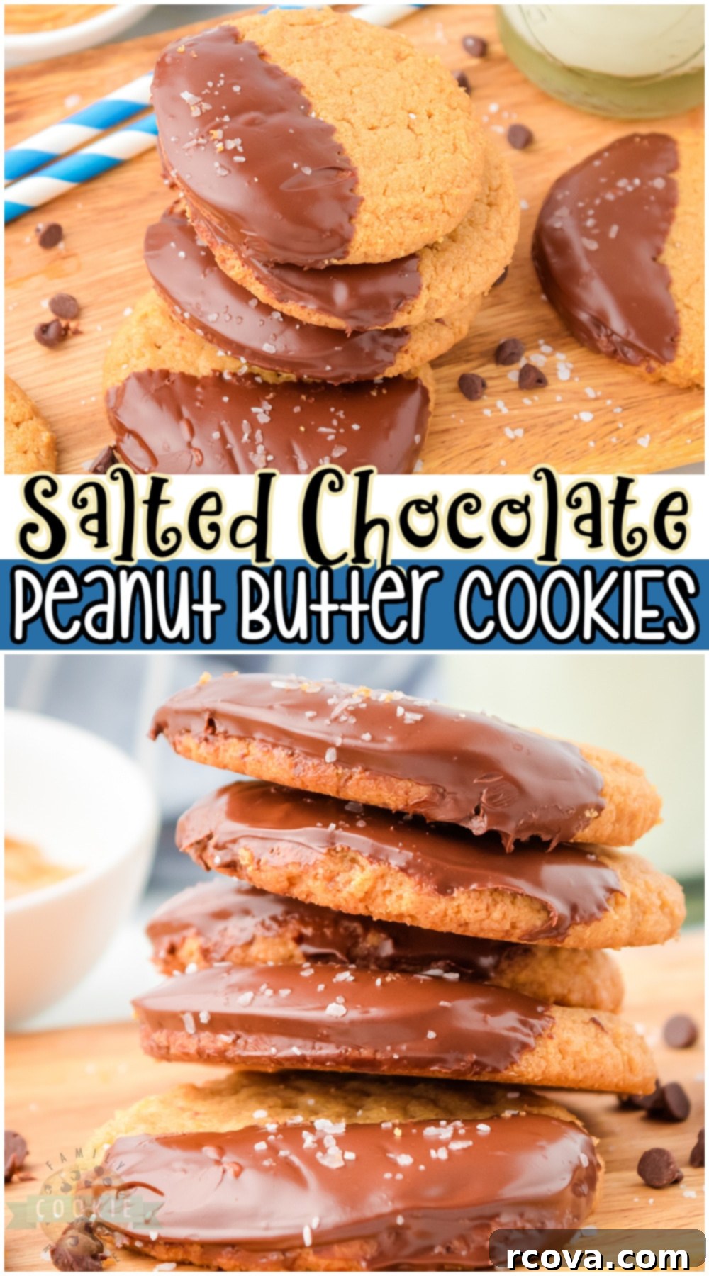 Irresistibly Chewy Peanut Butter Bliss 11 Close-up of a plate of Salted Chocolate Peanut Butter Cookies with a description saying 'Chewy Peanut Butter Cookies dipped in chocolate, need I say more? Perfect homemade peanut butter cookies are gluten free and made with just 7 ingredients!'
