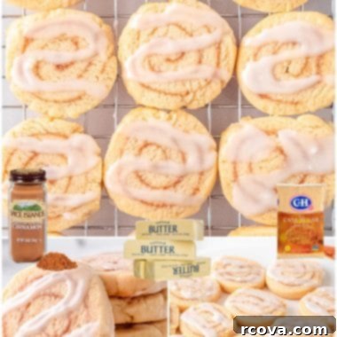 Cinnamon Bun Bliss Cookies 8 Collage of cinnamon roll cookies with icing.