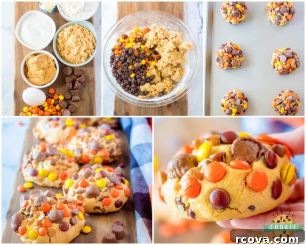 Ultimate Giant Reese's Peanut Butter Cookies 4 Ingredients for Reese's Peanut Butter Cookies laid out, including butter, sugars, eggs, vanilla, peanut butter, flour, salt, baking powder, and a variety of Reese's candies and chips.
