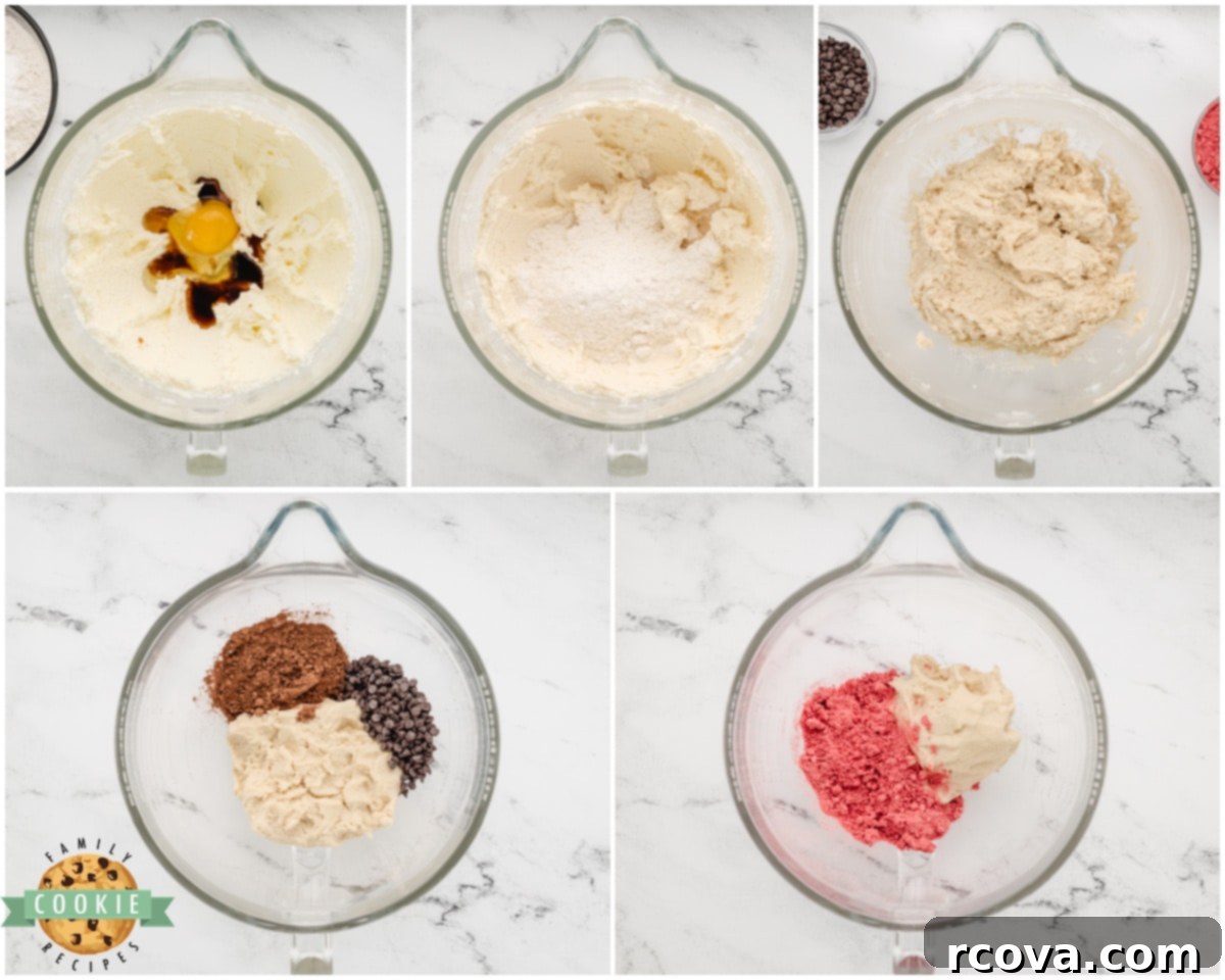 Tricolor Vanilla Delights 3 process of making neapolitan cookie dough, showing separate vanilla, strawberry, and chocolate portions