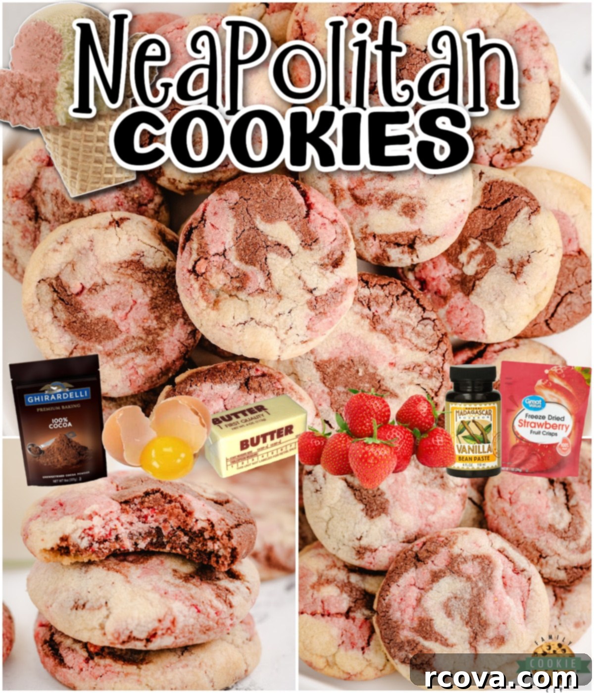 Tricolor Vanilla Delights 6 Neapolitan cookies collage showing soft & chewy cookies with strawberry, chocolate & vanilla flavors, like the popular ice cream!