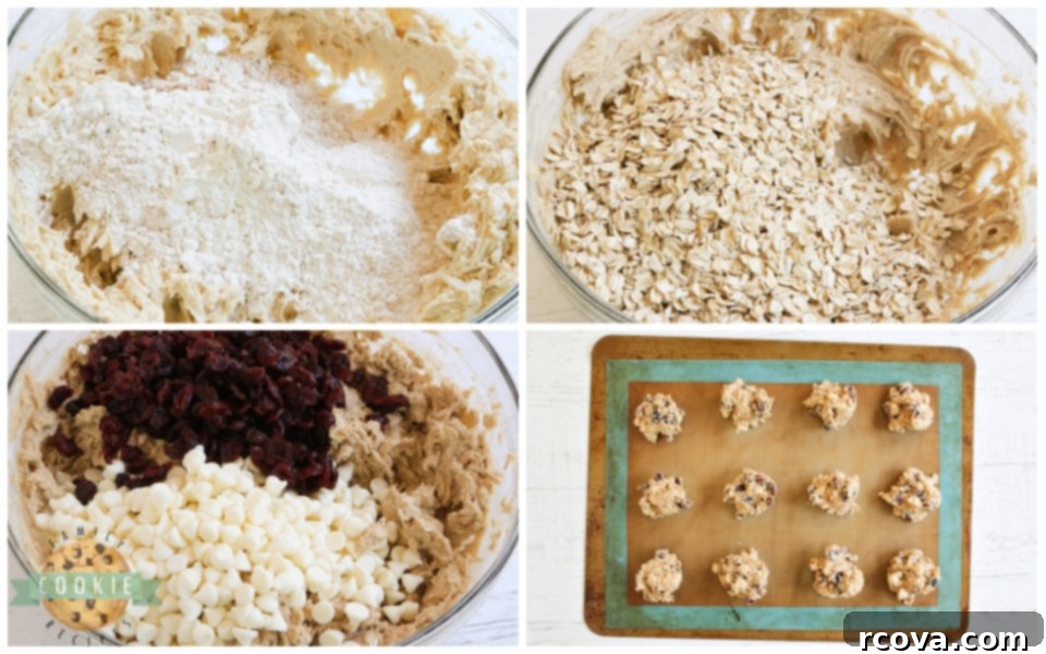 Blissful Berry White Chocolate Oat Cookies 5 Step-by-step instructions for making White Chocolate Cranberry Oatmeal Cookies, showing the mixing process.