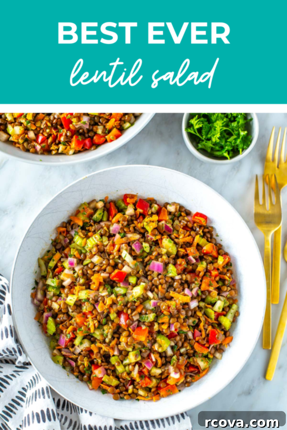The Ultimate Lentil Salad Recipe 11 Overhead shot of bowl of lentil salad with a blue banner and white writing reading "best ever lentil salad"