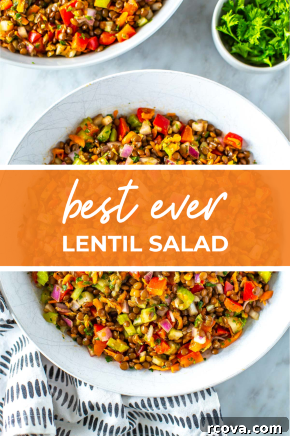 The Ultimate Lentil Salad Recipe 12 Overhead shot of bowl of lentil salad with an orange banner and white writing reading "best ever lentil salad"