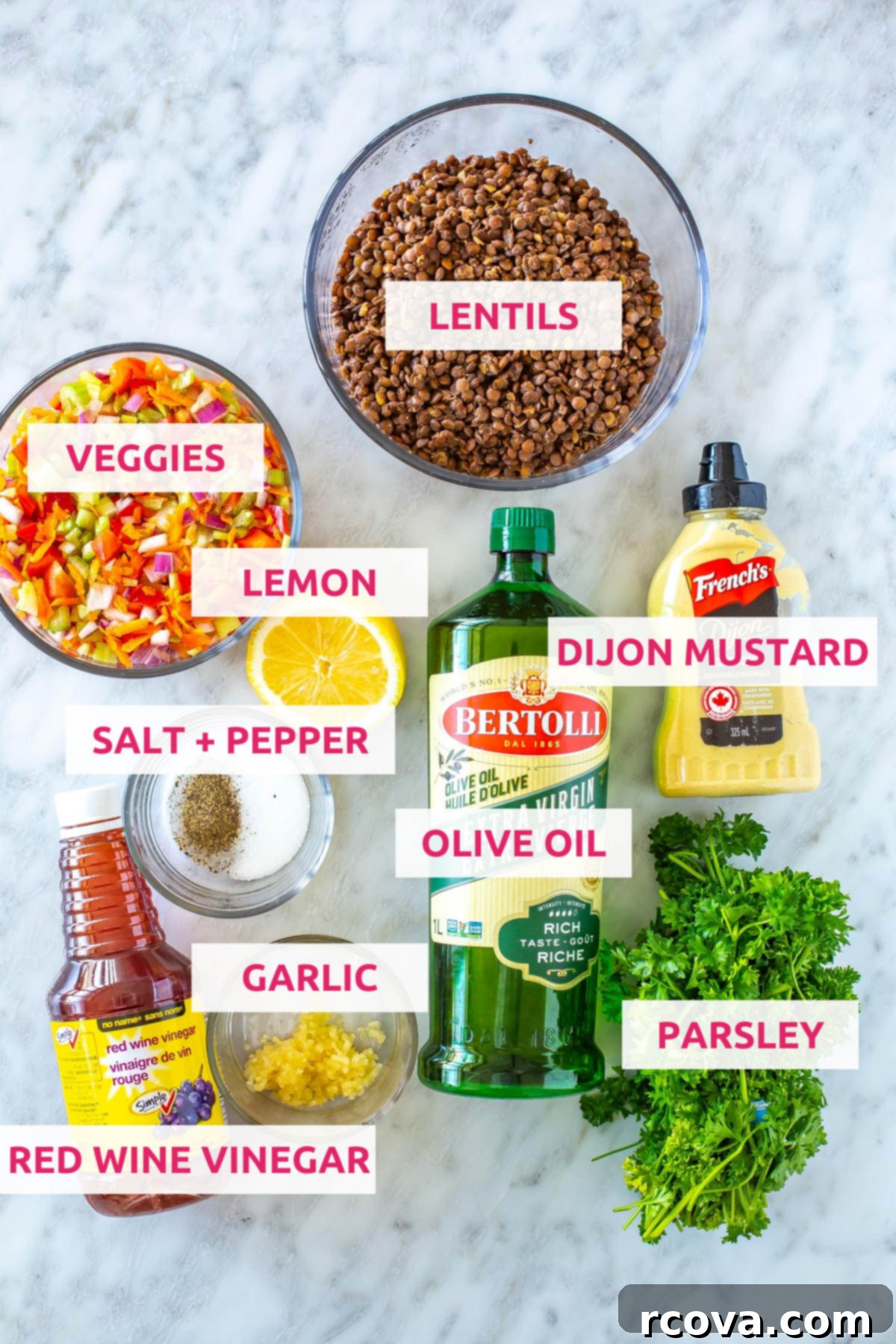 The Ultimate Lentil Salad Recipe 4 An overhead shot showcasing all the fresh ingredients laid out for making the lentil salad: cooked lentils, colorful chopped vegetables, lemon, olive oil, Dijon mustard, parsley, red wine vinegar, minced garlic, and salt and pepper.