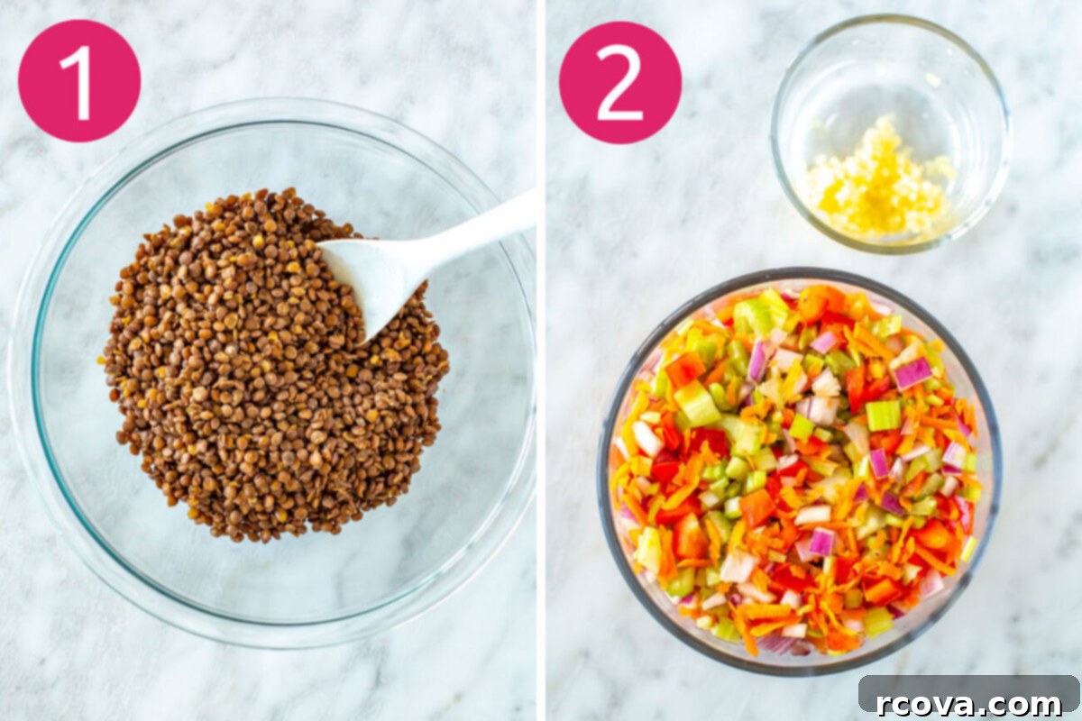 The Ultimate Lentil Salad Recipe 5 A two-panel image showing the initial steps of lentil salad preparation: cooked lentils in a pot and a bowl filled with various finely chopped fresh vegetables.