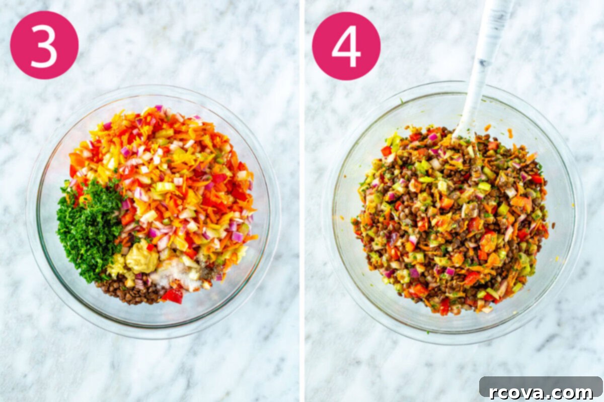 The Ultimate Lentil Salad Recipe 6 A two-panel image illustrating the final steps of making lentil salad: all ingredients combined in a large bowl, and the finished salad resting in a transparent glass bowl.