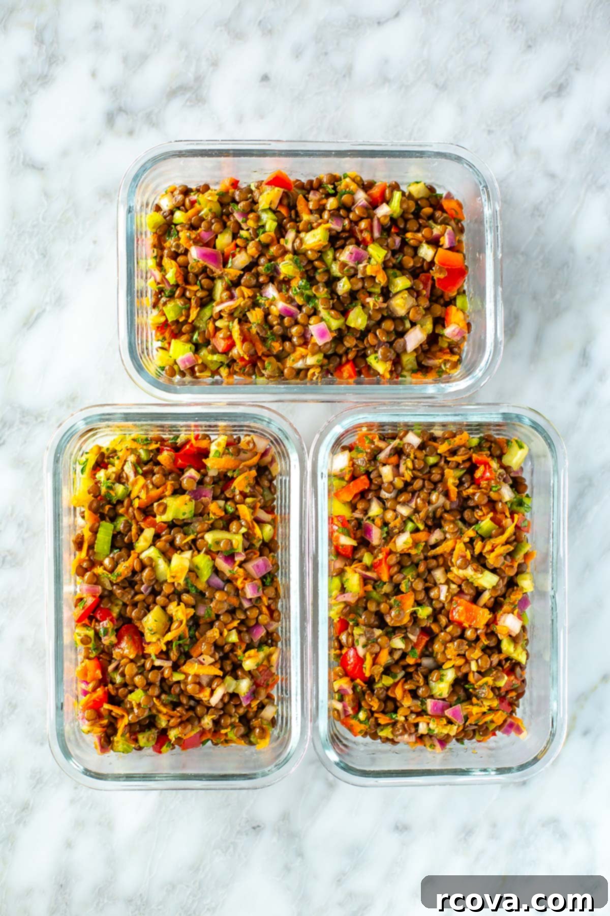 The Ultimate Lentil Salad Recipe 9 Three individual glass meal prep containers, each perfectly portioned with the healthy lentil salad for easy lunches throughout the week.