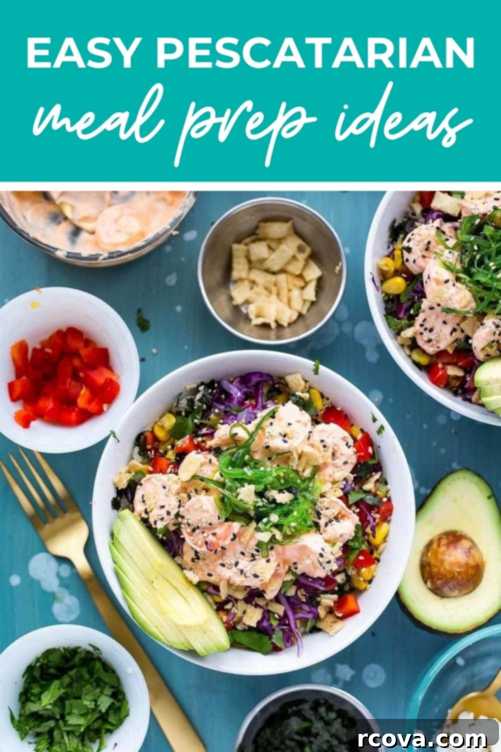 35+ Effortless Pescatarian Meal Prep Recipes for a Balanced Week 42 Creamy sriracha shrimp bowls, with text that says 'Easy Pescatarian Meal Prep Ideas' - additional imagery for the article.