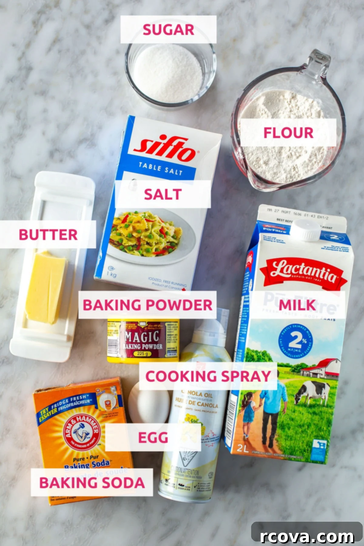 Sheet Pan Pancakes 4 Ways 4 Ingredients for homemade sheet pan pancakes: flour, sugar, salt, melted butter, baking soda, baking powder, egg, milk, and cooking spray.