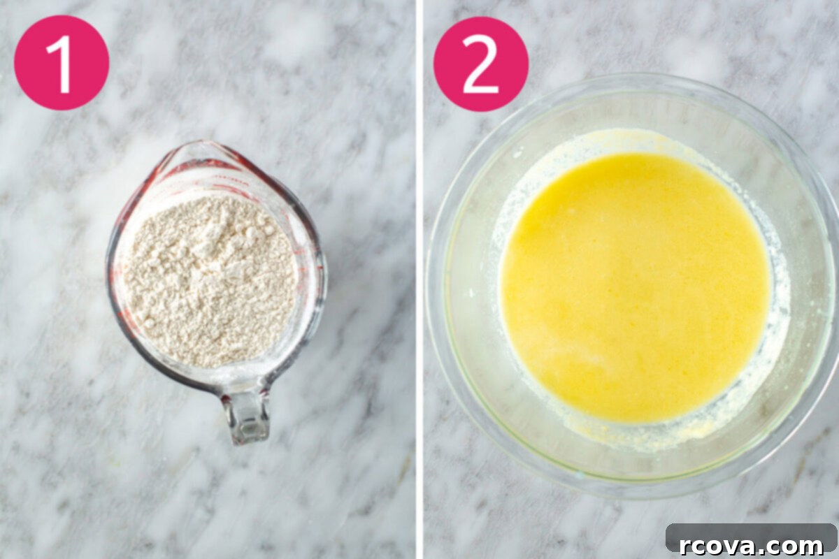 Sheet Pan Pancakes 4 Ways 5 Steps 1 and 2 for making sheet pan pancakes: Separately mixing dry ingredients and wet ingredients in two bowls.
