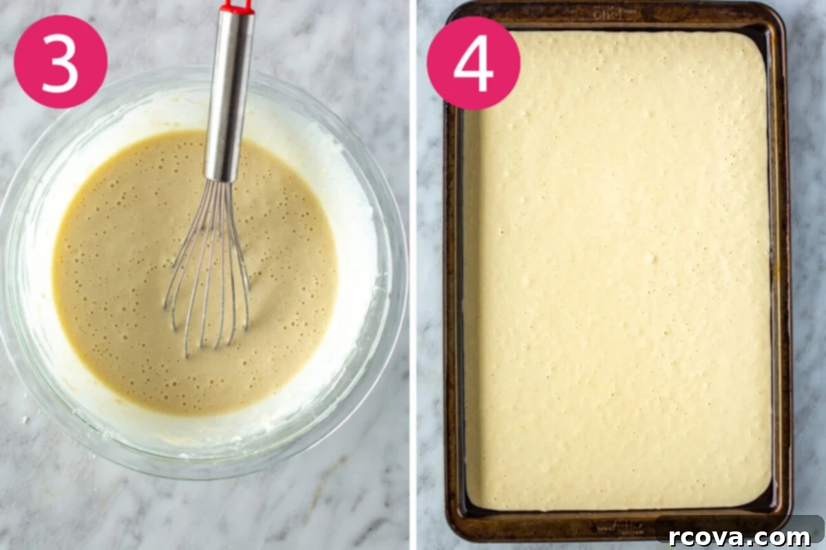 Sheet Pan Pancakes 4 Ways 6 Steps 3 and 4 for making sheet pan pancakes: Gently combining wet and dry ingredients and pouring the batter onto a greased sheet pan.