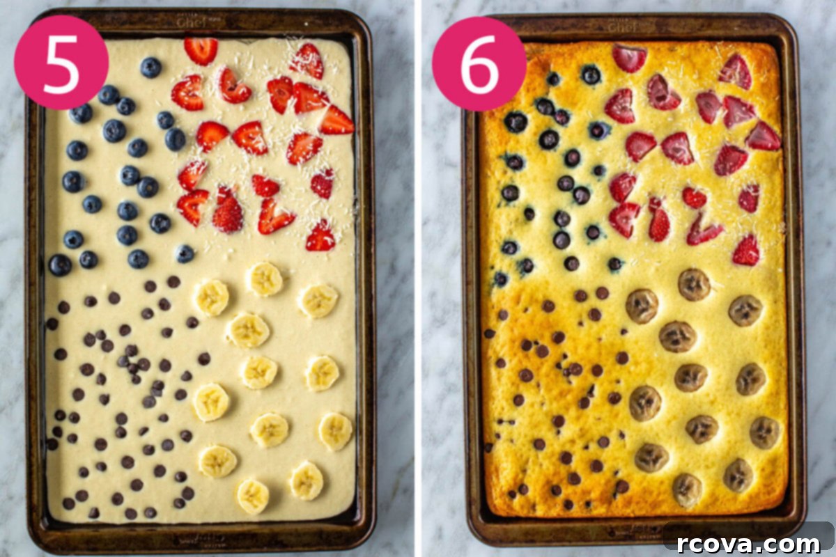 Sheet Pan Pancakes 4 Ways 7 Steps 5 and 6 for making sheet pan pancakes: Arranging various toppings on the batter and baking until golden brown.