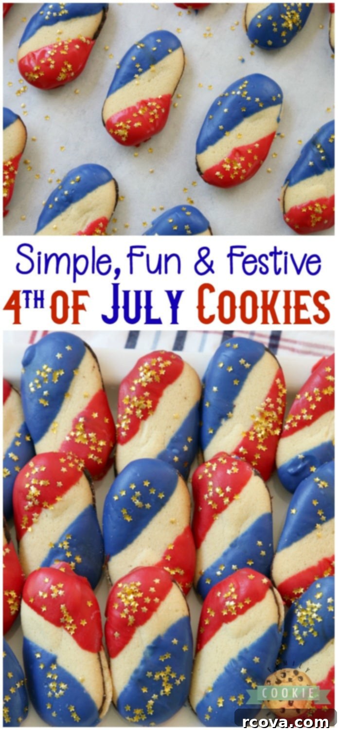 Effortless Fourth of July Cookies 4 Super Simple 4th of July Cookies made with just 4 ingredients and NO BAKE! Easy red, white and blue cookies made with Milano cookies dipped in red and blue melting chocolate then sprinkled with gold stars. Made in just 15 minutes and they're perfectly patriotic! #4thofJuly #patriotic #cookies #redwhiteandblue #cookie #recipe #simple Recipe from FAMILY COOKIE RECIPES