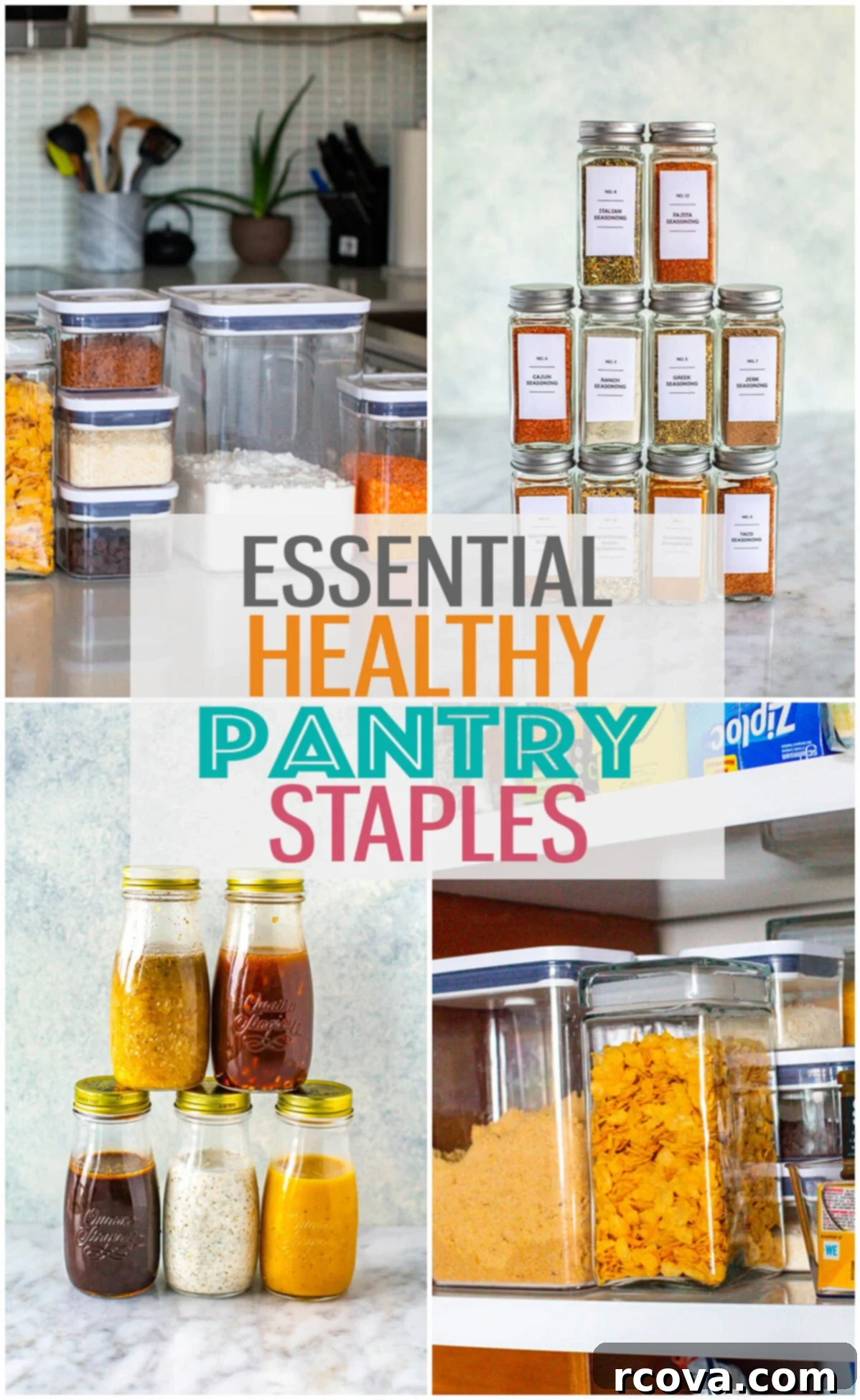 The Ultimate Healthy Pantry Checklist 2 A collage of various essential healthy pantry staples including grains, spices, oils, and canned goods, with text overlay 'Essential Healthy Pantry Staples for a Well-Stocked Kitchen'.