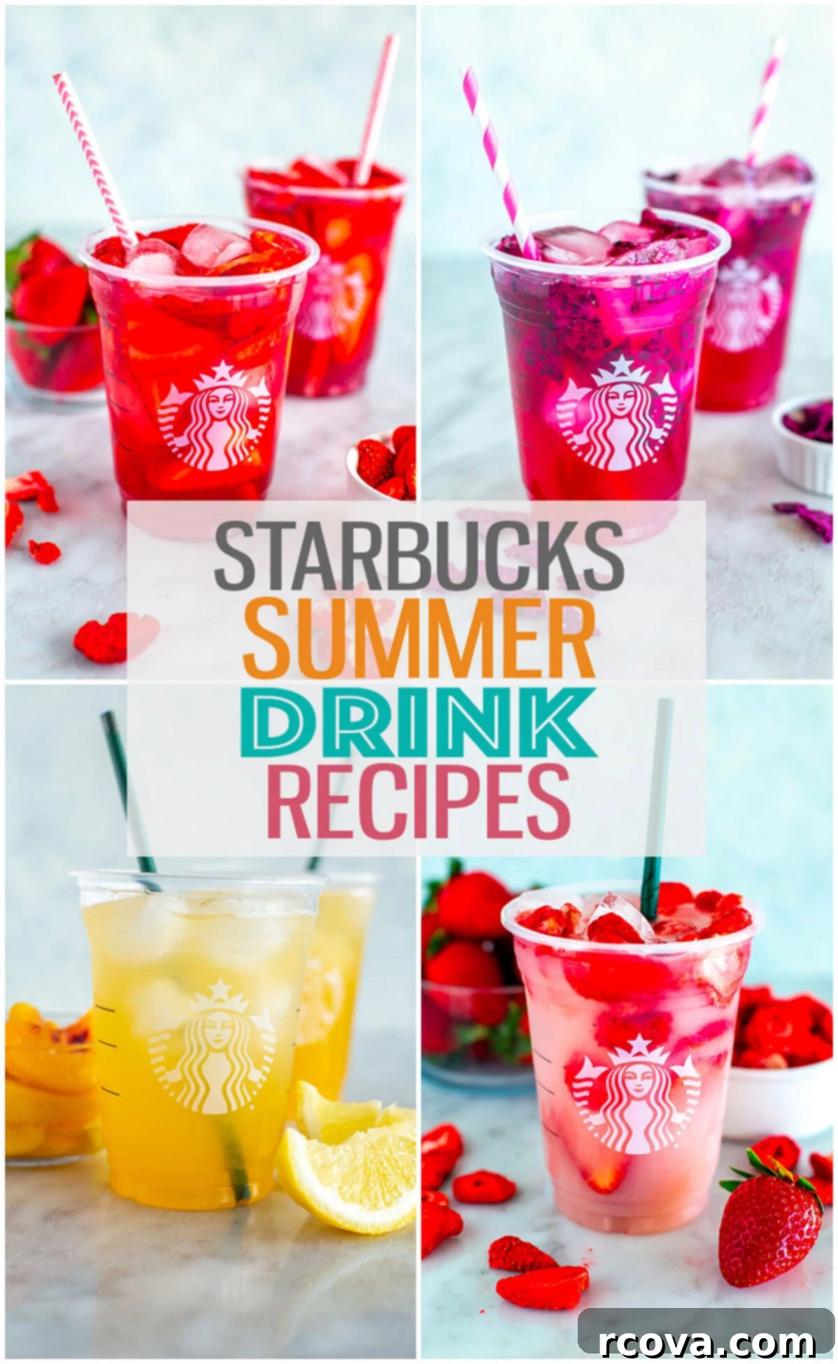 Make Your Own Starbucks Summer Drinks At Home 2 A vibrant collage showcasing various homemade Starbucks summer drinks, including refreshers, iced teas, and cold brews, with text overlay: "Starbucks Summer Drink Recipes at Home".