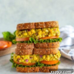 Chickpea Tuna Salad Sandwich: A Vegetarian Delight 10 Two chickpea tuna salad sandwiches stacked on top of each other.