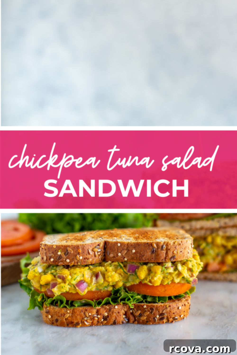 Chickpea Tuna Salad Sandwich: A Vegetarian Delight 11 overhead shot of plated dish with pink banner in the middle - reading "chickpea tuna salad sandwich"