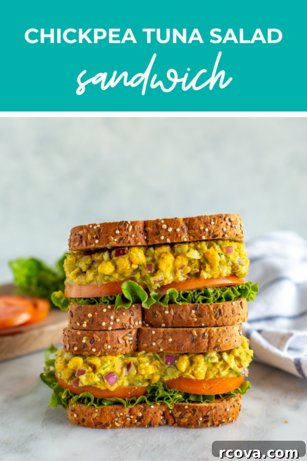 Chickpea Tuna Salad Sandwich: A Vegetarian Delight 12 overhead shot of plated dish with green banner on the top - reading "chickpea tuna salad sandwich"