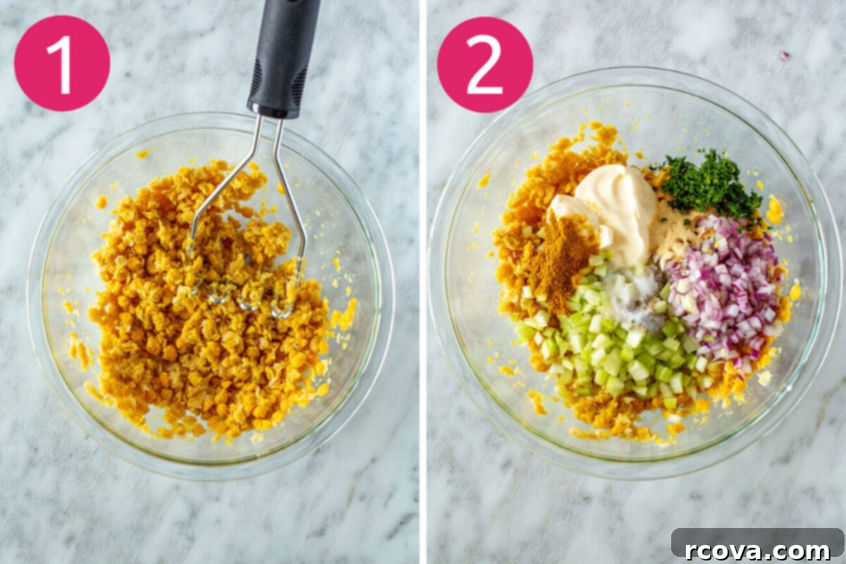 Chickpea Tuna Salad Sandwich: A Vegetarian Delight 5 Steps 1 and 2 for making chickpea tuna salad sandwiches: Mashed chickpeas in a bowl, and all other ingredients laid out ready to be added.