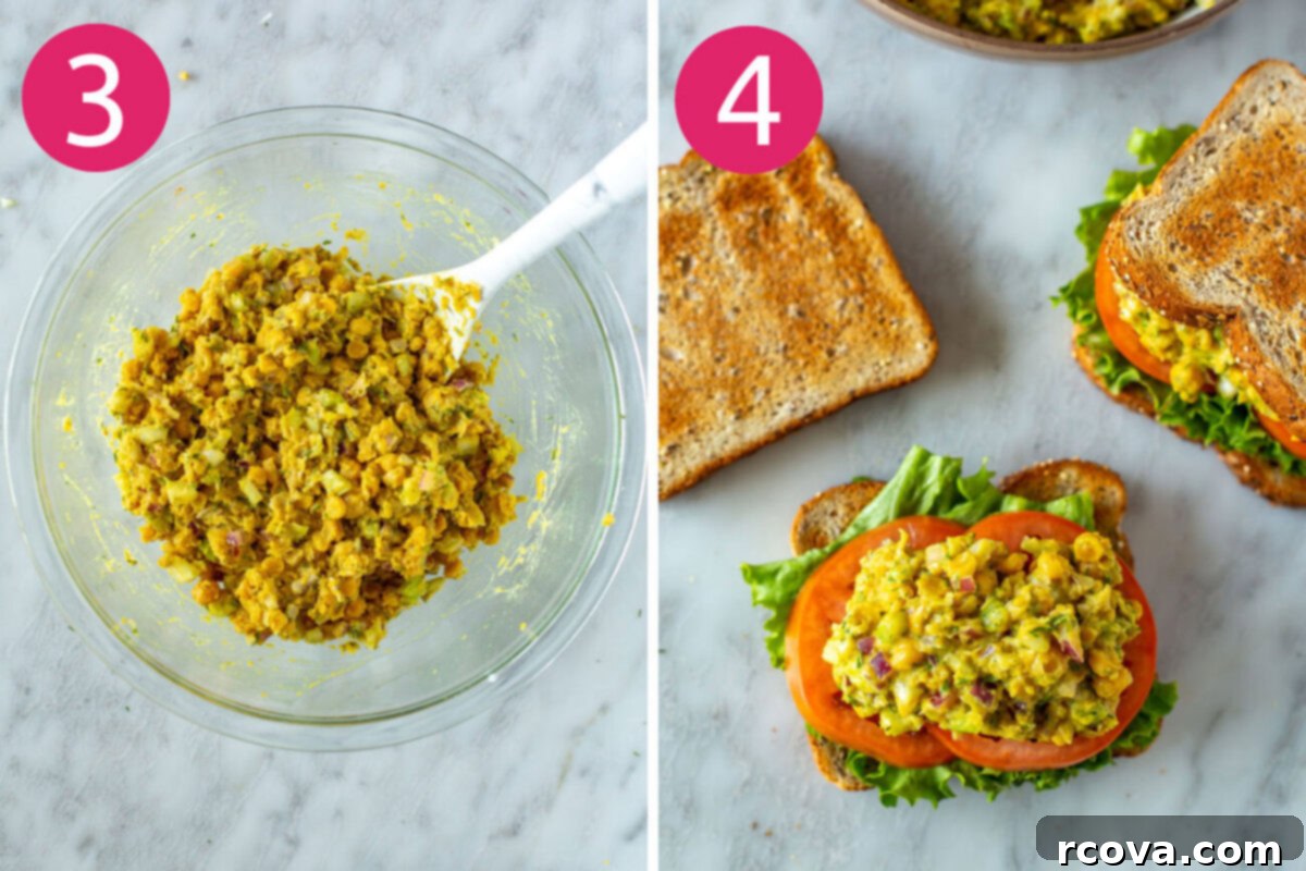 Chickpea Tuna Salad Sandwich: A Vegetarian Delight 6 Steps 3 and 4 for making chickpea tuna salad sandwiches: Mixed chickpea salad in a bowl and a completed sandwich ready to be eaten.