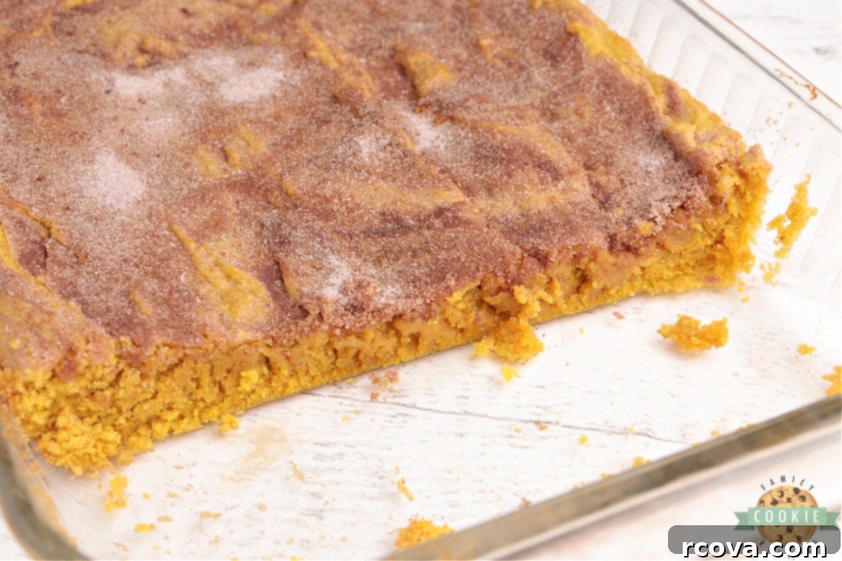 Irresistible Pumpkin Snickerdoodle Bars 5 Pan of pumpkin snickerdoodle cookie bars with cinnamon sugar topping.