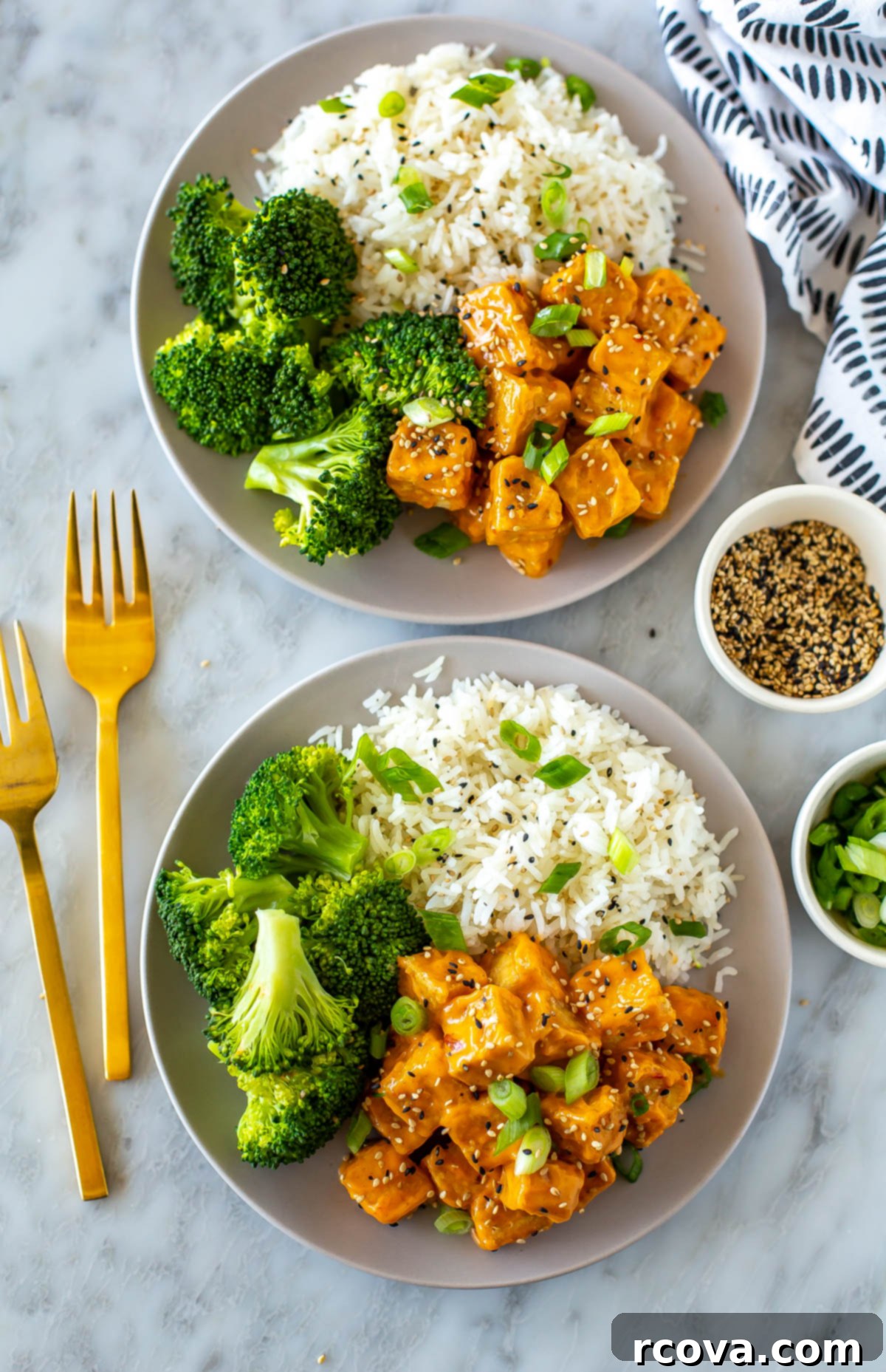 Master Crispy Air Fryer Tofu with Our Ultimate Sauce 2 Two plates of air fryer tofu served alongside rice and broccoli, garnished with sesame seeds and green onions.